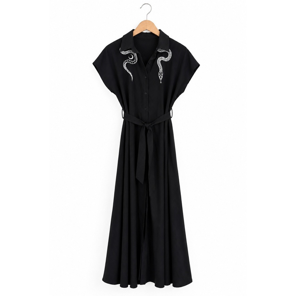 Gothic Snake Embroidered Button Front Belted Midi Shirt Dress L Black Whimsigoth - Picture 4 of 12